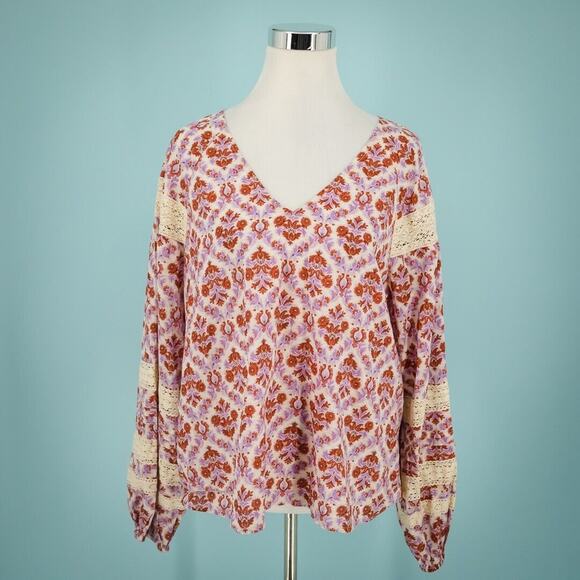 Eze Sur Mer Anthropologie Size Large L Yvonne Floral Paisley Boho Peasant Top - Picture 1 of 4